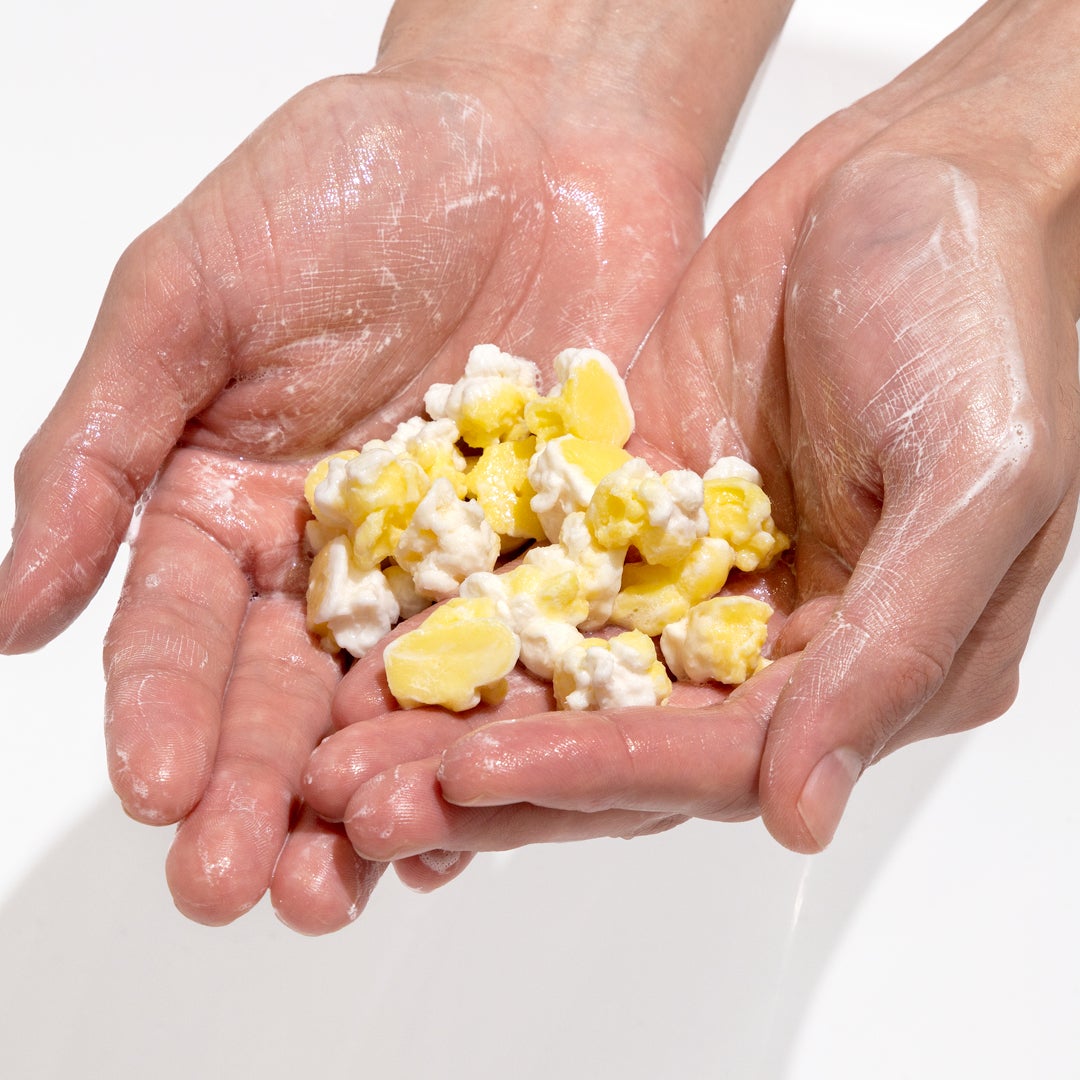 caramel popcorn mini handmade soap in use
